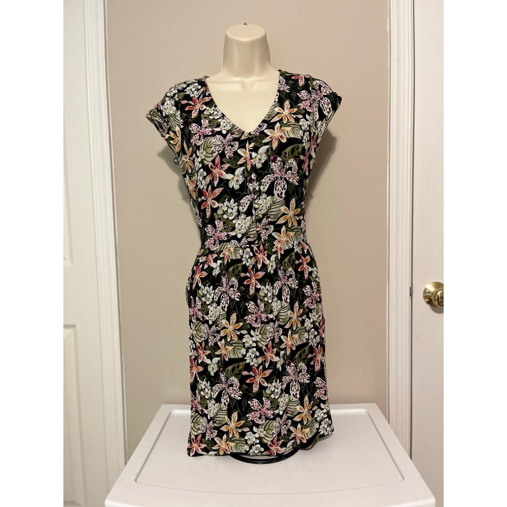 Garnet Hill Black Floral Ecovero Viscose Dress size XS with Drop Waist
